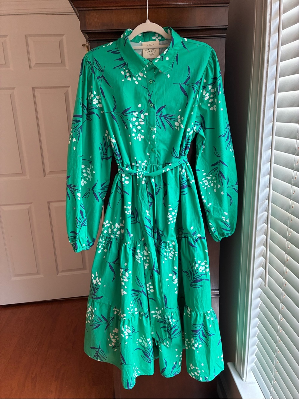 Fantastic Fawn Melinda Teal Floral Midi Dress 100% Cotton Belted Shirt Dress L - Picture 3 of 11